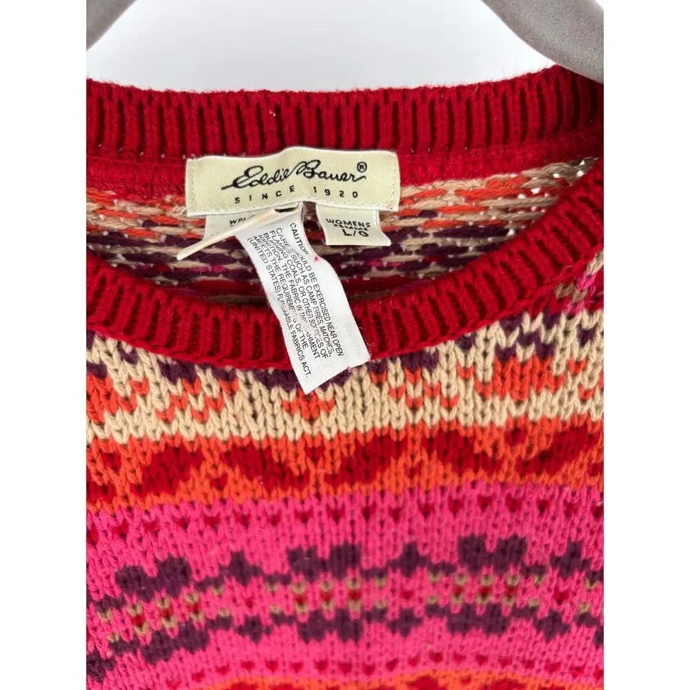 Vintage Eddie Bauer Fair Isle Knit Sweater, Womens Sz L Made In USA, 100% Cotton